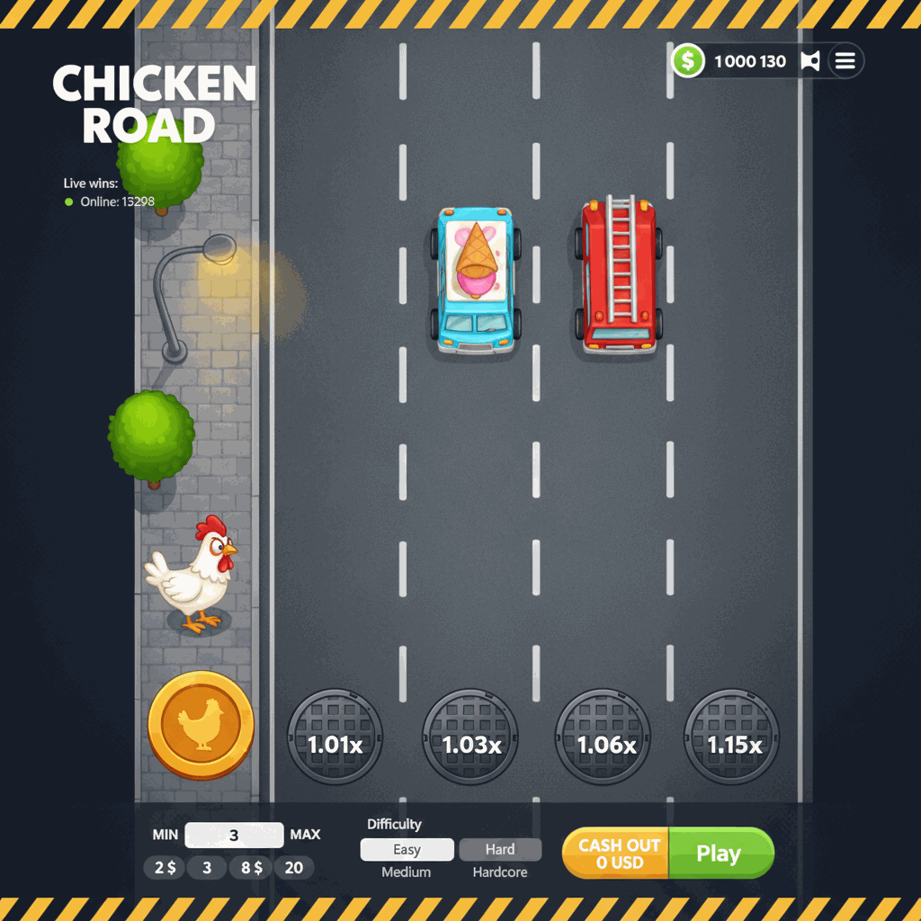 Chicken Road Crash-Spiel von InOut: Draufsicht auf eine mehrspurige Straße mit einem weißen Cartoon-Huhn am linken Rand, Fahrspuren mit Multiplikator-Markierungen und fahrenden Autos, umgeben von städtischer Kulisse mit Bäumen und Straßenlaternen