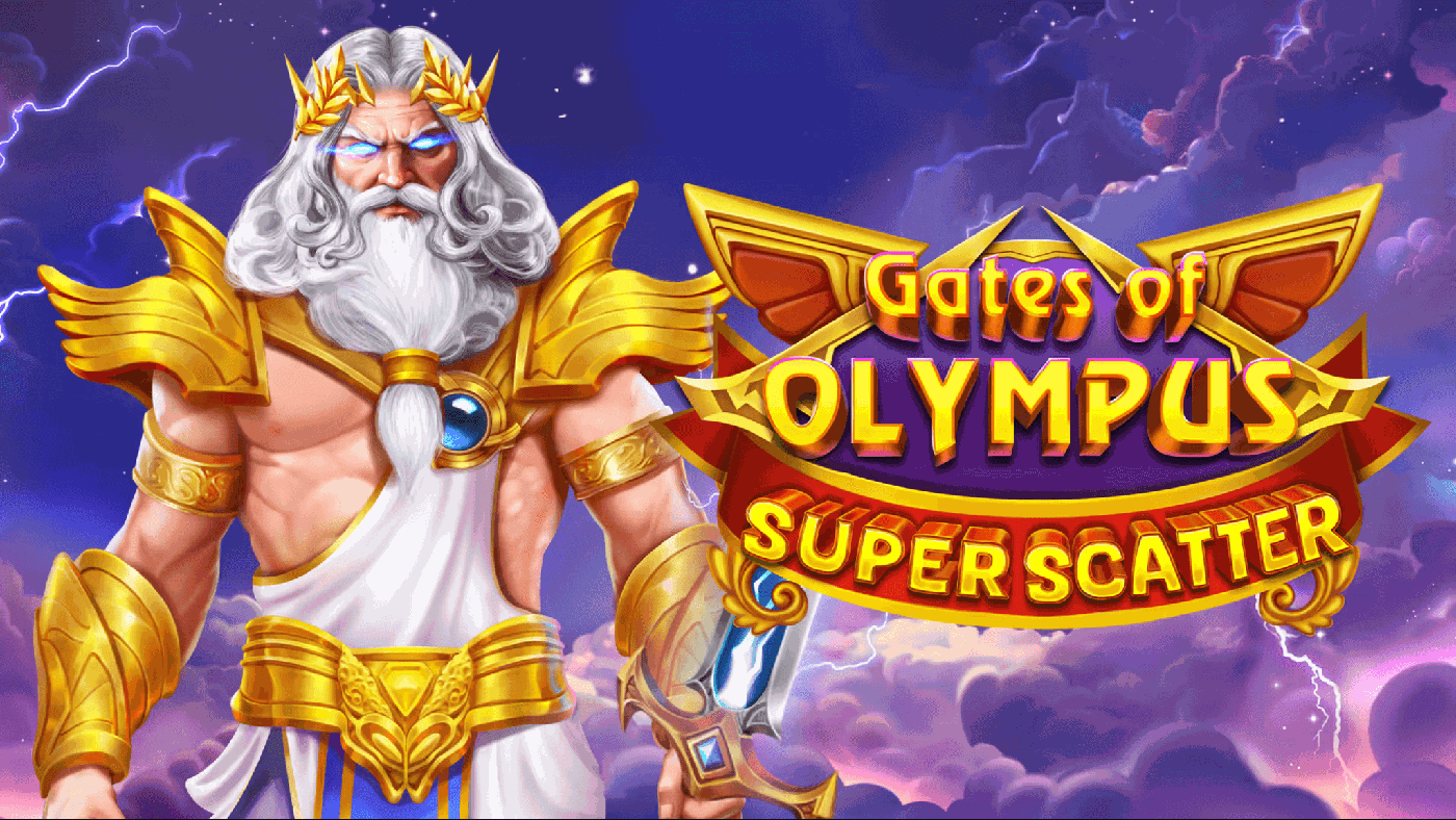 Zeus im goldenen Gegenlicht ueber dem Olymp, dahinter das 6x5-Feld von Gates of Olympus Super Scatter mit gruenem Globus, blauem Diamant und Scatter-Symbol